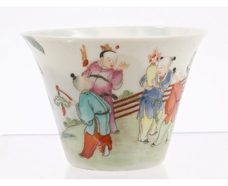 19th century Chinese Qing tea bowl finely polychrome painted with figures in continuous landscape, pulling a shrine on a boat