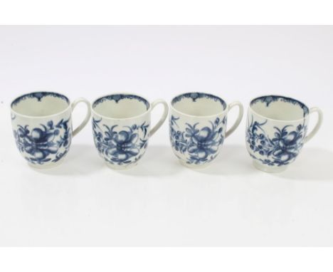 Four 18th century Worcester blue and white coffee cups with floral decoration - blue crescent marks