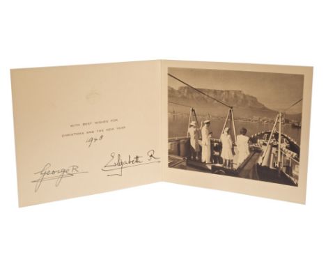 TM King George VI and Queen Elizabeth - signed 1948 Christmas card with gilt embossed crown to cover, black and white photogr