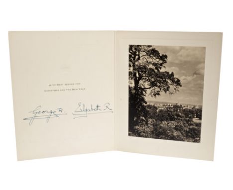 TM King George VI and Queen Elizabeth - signed 1940s Christmas card with gilt embossed crown to cover, black and white photog