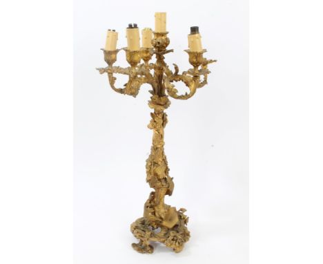 19th century French ormolu six-sconce candelabrum - converted to electric lamp, with rococo, floral scroll and grape decorati