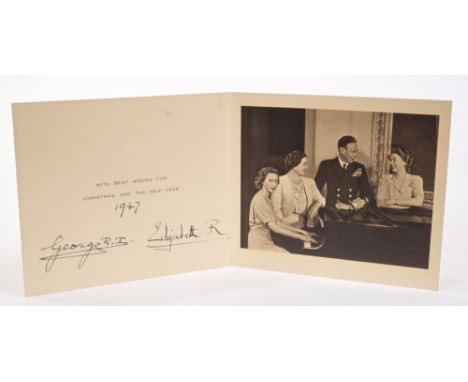 TM King George VI and Queen Elizabeth - signed 1947 Christmas card with gilt embossed crown to cover, black and white photogr