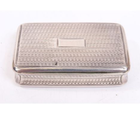 George IV silver snuff box of rectangular form, with engine-turned decoration, hinged cover with vacant cartouche and silver 