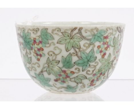 19th century Chinese Qing tea bowl finely polychrome painted with grapevines - red Jiaqing seal mark to base and probably of 