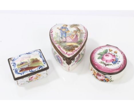 Two 18th century Staffordshire enamel snuff boxes with fishing scene and floral decoration and French heart-shaped table box 