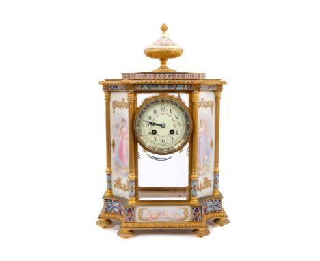 Good quality late 19th century French ormolu and champlevé enamel mantel clock with painted females and cherub porcelain moun