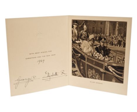 TM King George VI and Queen Elizabeth - signed 1949 Christmas card with gilt embossed crown to cover, black and white photogr