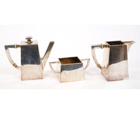 Early 20th century Continental silver Art Deco-style three piece coffee set - comprising coffee pot of tapering square form, 