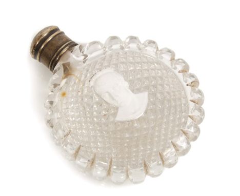 Early 19th century French cut glass scent / moon flask with sulphide portrait bust of Emperor Napoleon I to front and diamond