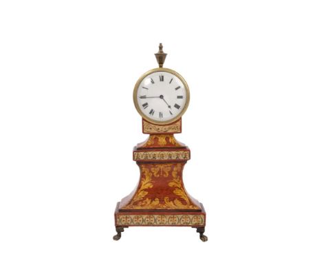 Late 18th century Weeks-style desk timepiece with circular gilt brass drum case with urn surmount, enamel dial, fusee pocket 