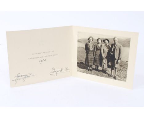 TM King George VI and Queen Elizabeth - signed 1950 Christmas card with gilt embossed crown to cover and black and white phot