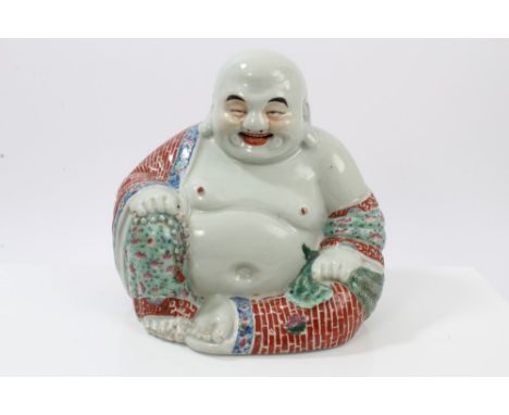 Early 20th century Chinese porcelain figure of Buddha in seated pose, with polychrome robe, holding beads - impressed seal ma