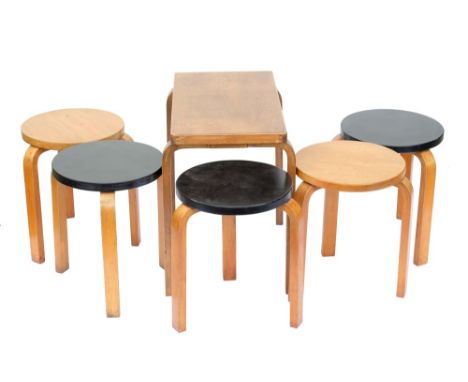 1930s Alvar Aalto for Finmar Ltd. - five birch faced plywood stools, three with ebonised seats, model no. 60, with circular s