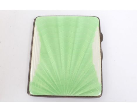 1930s Art Deco-style silver cigarette case with engine-turned decoration and hinged cover decorated in green and white guillo