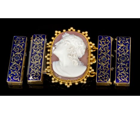 Fine quality mid-19th century gold clasp with finely carved hardstone cameo of a classical male head, together with associate