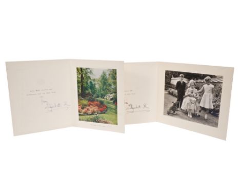HM Queen Elizabeth The Queen Mother - two signed Christmas cards 1960 and 1961 - both with gilt embossed crown to cover and p