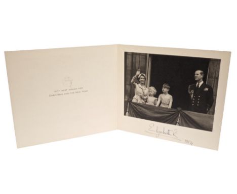 HM Queen Elizabeth II - signed 1954 Christmas card with gilt embossed crown to cover and black and white photograph of The Ro