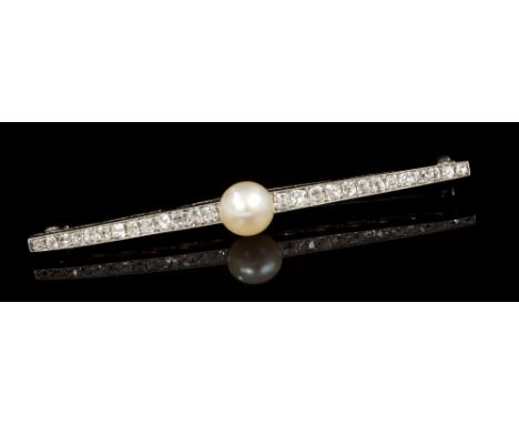 Edwardian pearl and diamond bar brooch with a 7.25mm central cultured button pearl (not tested for natural origin) and old cu