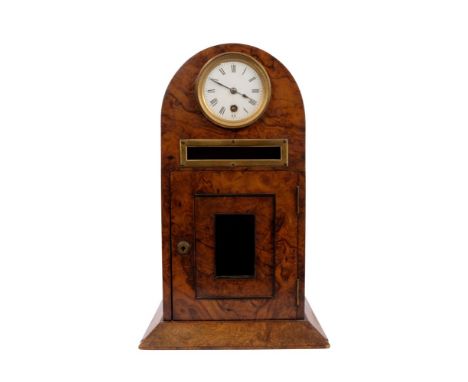 Unusual Victorian combined timepiece and post box in dome-top burr walnut veneered case, with cylinder movement and enamel di