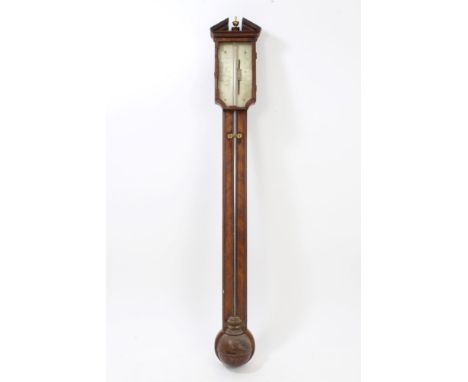 George III stick barometer with silvered scale, signed - 'J. Pelegrin & Co. Fecit', in inlaid mahogany case with broken pedim