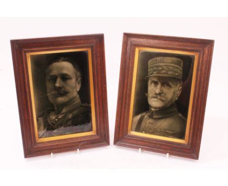 Pair unusual First World War green glazed stoneware portrait tiles of Field Marshal Sir Douglas Haig and General Foch, in ori