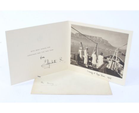 HM Queen Elizabeth (later The Queen Mother) - signed 1947 Christmas card with gilt embossed crown to cover, black and white p