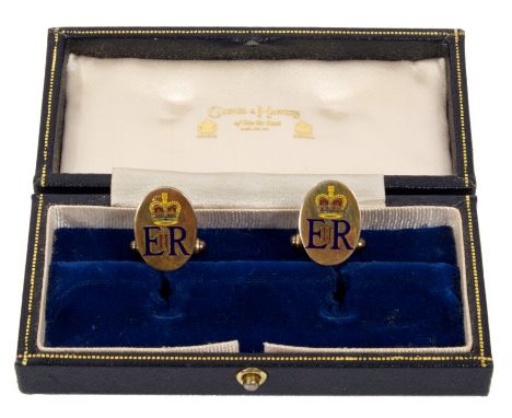 HM Queen Elizabeth II - pair Royal Presentation silver and enamel cufflinks with crowned ERII cipher and swivel bar fixings i