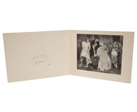HM Queen Elizabeth II - signed 1964 Christmas card with twin gilt embossed Royal cipher to cover, black and white photograph 