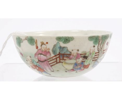 19th century Chinese Qing tea bowl with finely polychrome painted continuous scene with children playing - red Jiaqing seal m