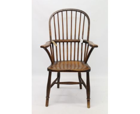 19th century ash and elm Windsor chair with stick back and saddle seat on turned supports united by an H-stretcher