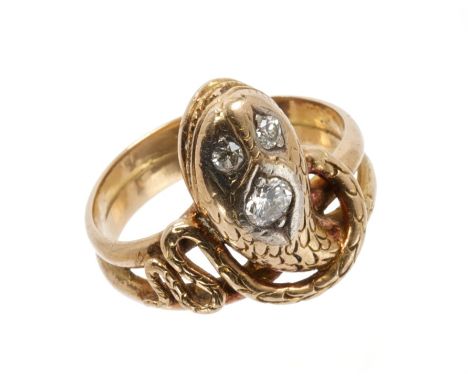 Victorian-style snake ring with three brilliant cut diamonds to the head and entwined gold body.  Ring size approximately P C