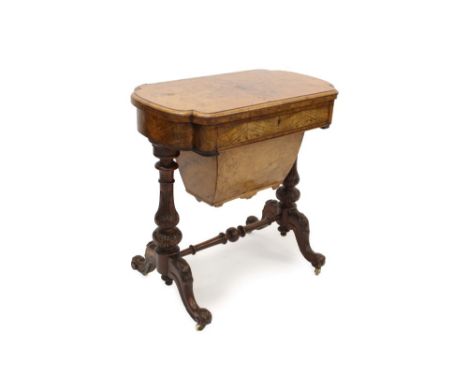 Victorian figured walnut games table, shaped rectangular top folding to reveal parquetry inlaid chess, cribbage and backgammo