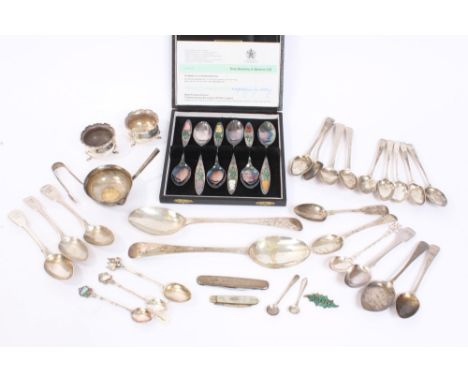 Selection of miscellaneous Georgian and later silver - including pair tablespoons with bright cut decoration, pair cauldron s