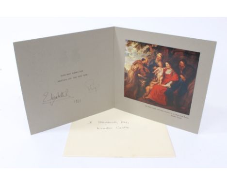 HM Queen Elizabeth II and HRH The Duke of Edinburgh - signed 1961 Christmas card with twin gilt ciphers to cover, colour prin