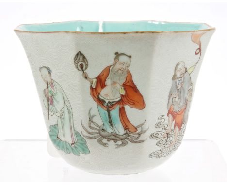 19th century Chinese Qing tea bowl of octagonal tapered flared form, with finely polychrome painted figures on incised bianco