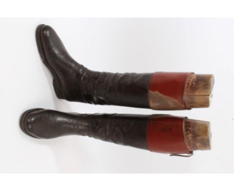 Pair of gentlemen's black leather hunting boots with brown tops and wooden trees, by Peal & Co. London, named to A. B. Maxwel