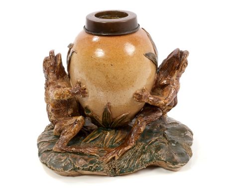 Unusual late 19th century Martin Brothers-style salt glazed stoneware oil lamp base with comical toad supporters and moulded 