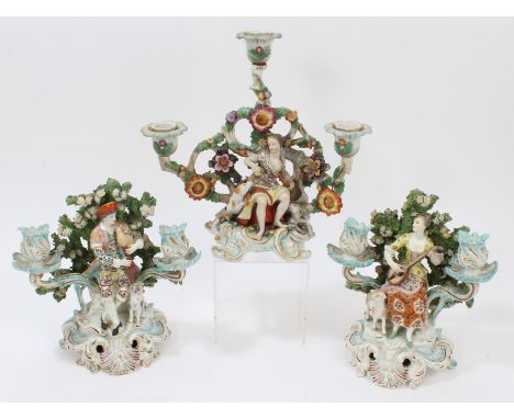 Pair late 19th century Continental Derby-style candlesticks - each with twin sconces, with musician figures playing the bagpi