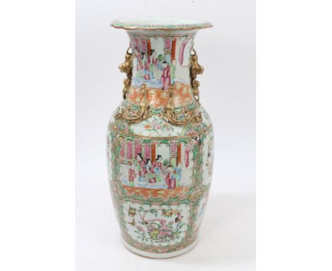 Late 19th century Cantonese porcelain vase with dragon handles and mounts, ornate figure, bird and floral reserves on gilt fl