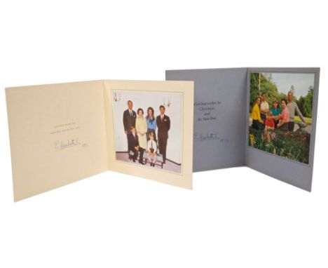 HM Queen Elizabeth II - two signed Christmas cards for 1971 and 1972 - both with gilt embossed Royal cipher to cover and colo
