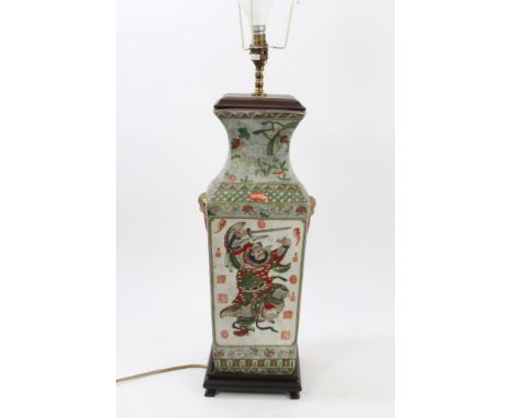 Decorative Chinese famille verte vase converted to a table lamp, of Rouleau form, raised on square wooden plinth base, 55cm h