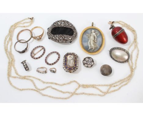 Group of Georgian jewellery - to include a George III brooch with painted reserve depicting a shepherdess within a blue ename