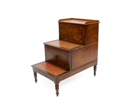 George III mahogany and ebony line-inlaid bedroom steps with three tooled leather inset steps, with hinged top and pull-out c