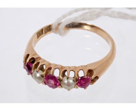 Late Victorian ruby and pearl five-stone ring with three round mixed cut rubies alternating with two half pearls, in gold cla