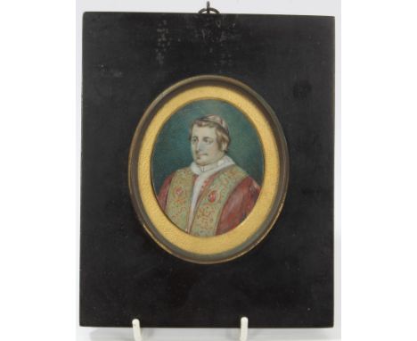 19th century Continental miniature watercolour portrait on ivory, naming on reverse as Pope Pius 9th, oval half-length portra