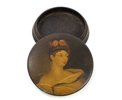 Early 19th century papier mâché snuff box of circular form, the slightly domed cover with painted female portrait - depicting
