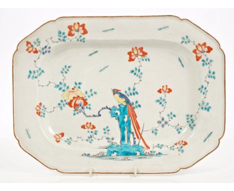 18th century Worcester Sir Joshua Reynolds pattern meat plate, circa 1770, with blue, iron-red and yellow bird and floral dec