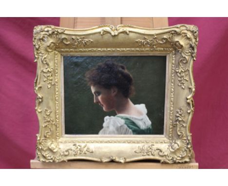 19th century Continental School oil on canvas laid on panel - profile portrait of a lady, in gilt frame, 23cm x 29cm