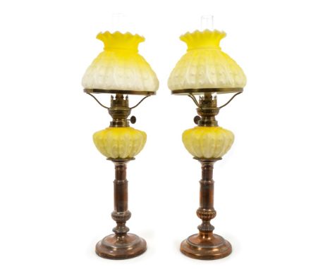Good pair of Victorian opaque glass and Old Sheffield Plate peg lamps - each with lemon glass shade and conforming reservoir,