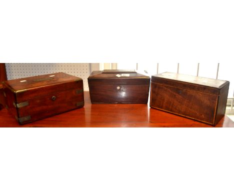 A George III mahogany rectangular tea caddy; another, post Regency sarcophagus; a Victorian mahogany campaign box (3)